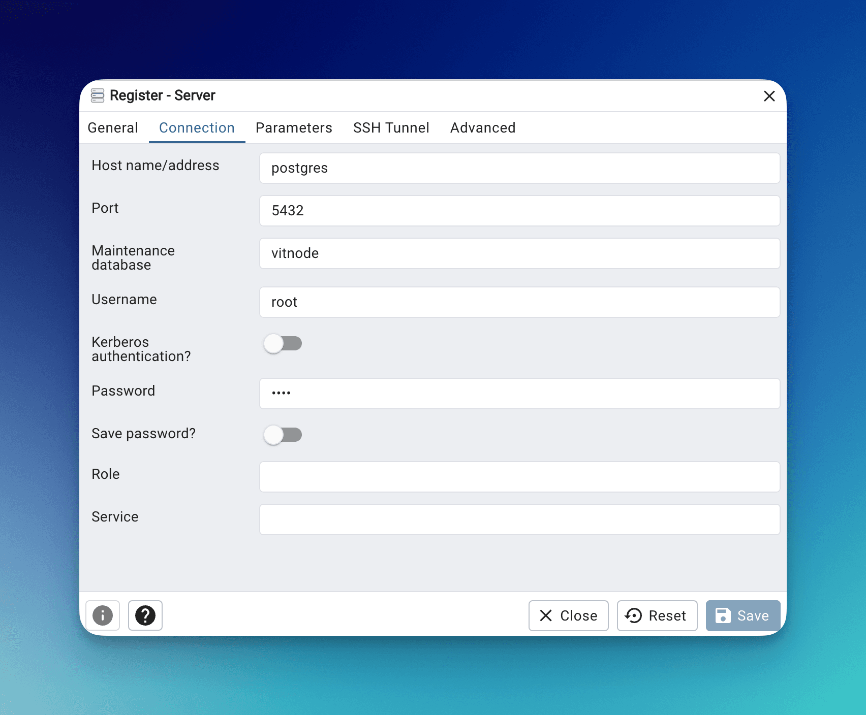 Register Postgres in PGAdmin